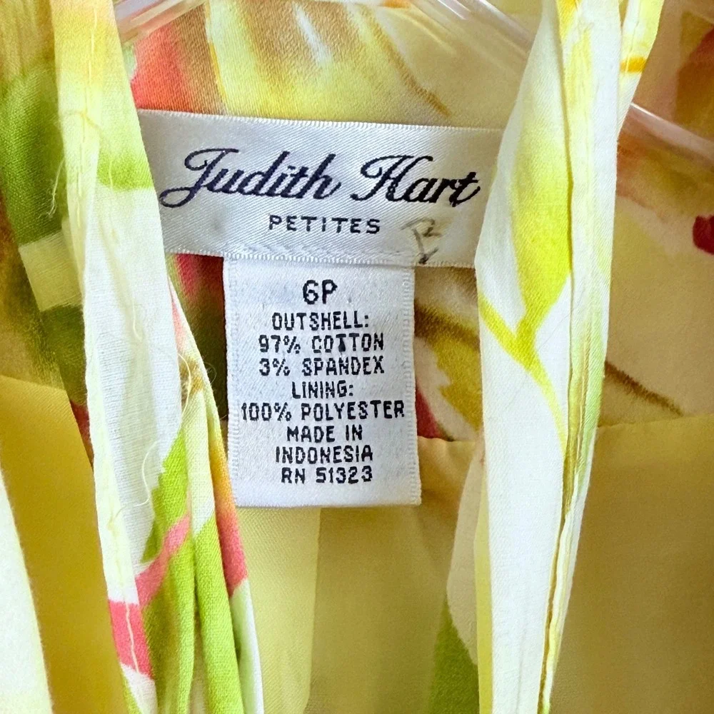 Judith Hart Petites Tropical Floral Blazer Jacket Yellow Green Pink Tie Neck 6P